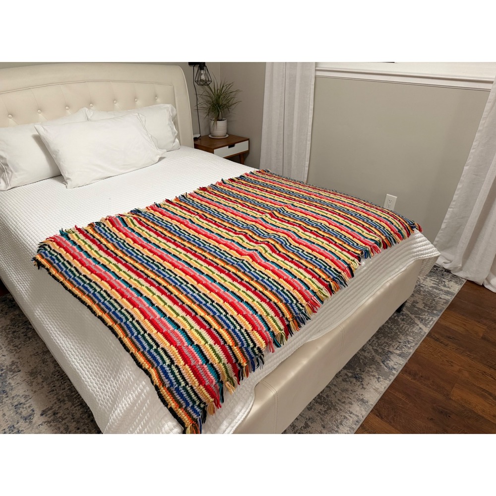 Mid-Century Vintage Rainbow Striped Afghan Blanket Throw Cottage Grandma style